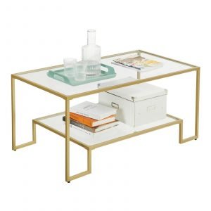 Mesa de centro de vidrio con almacenamiento, salón
