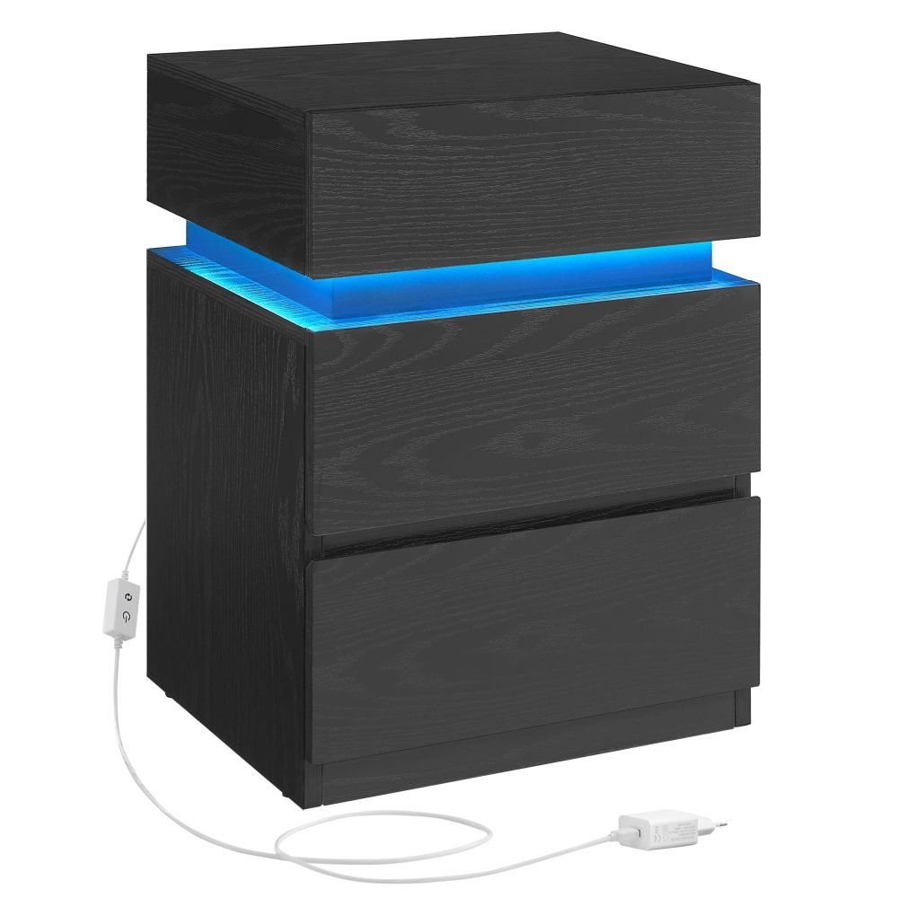 Mesita de noche luz led 35x40x55 negro con veta de madera