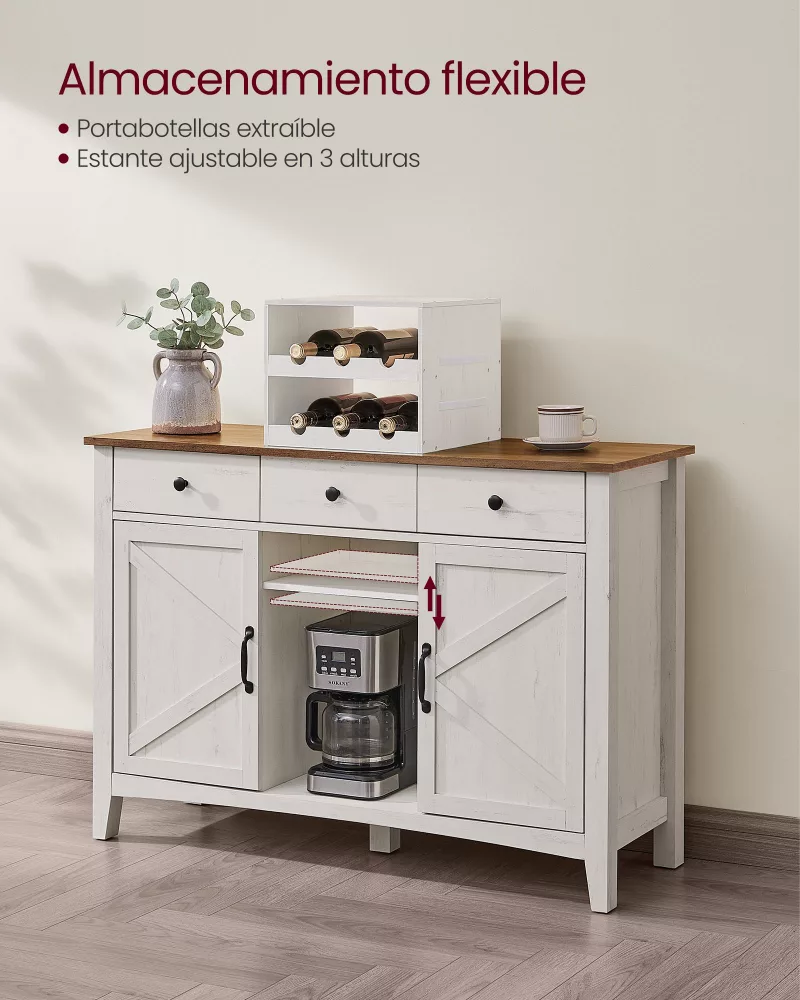 Aparador con cajón regulable en altura blanco rústico y marrón miel - Imagen 2