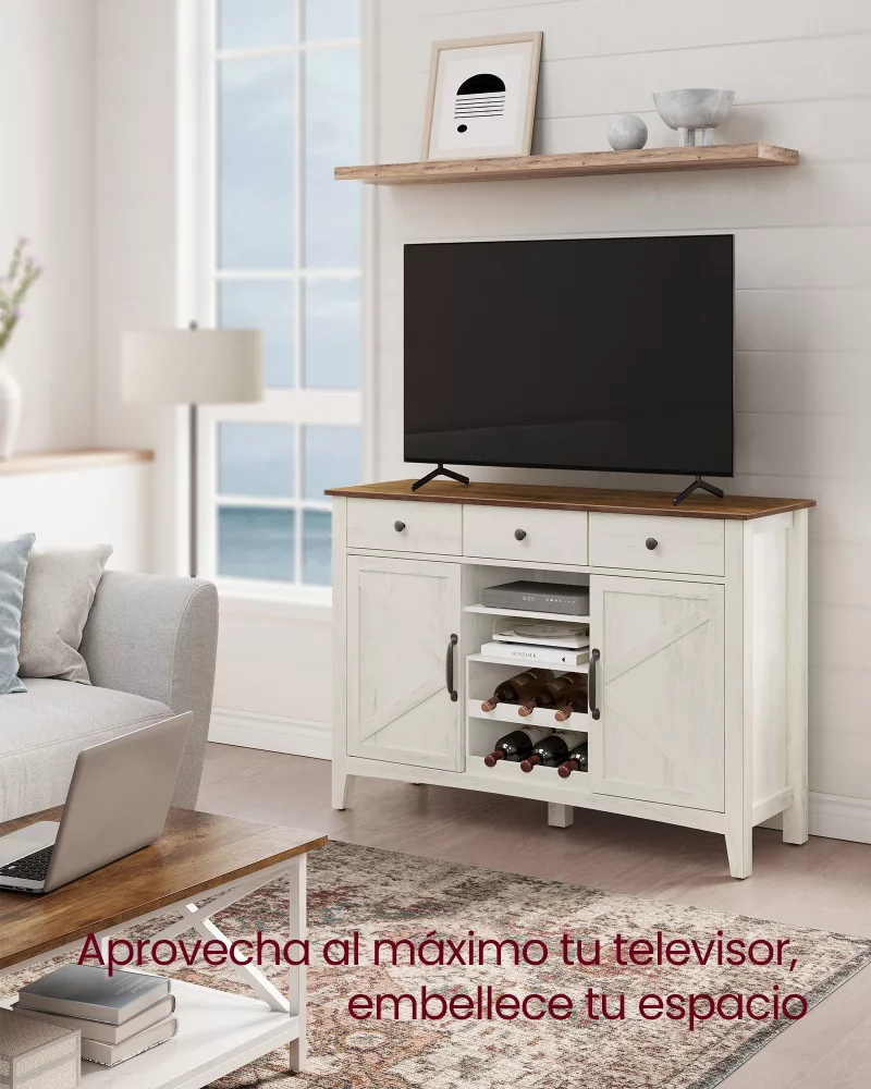 Aparador con cajón regulable en altura blanco rústico y marrón miel - Imagen 4