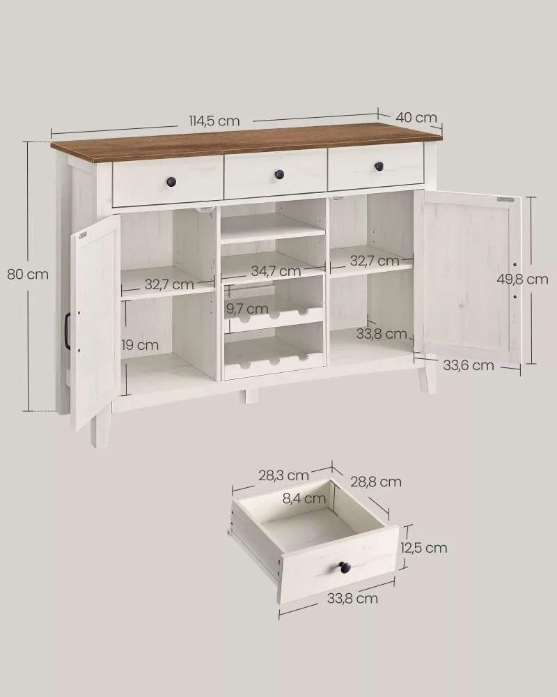 Aparador con cajón regulable en altura blanco rústico y marrón miel - Imagen 6