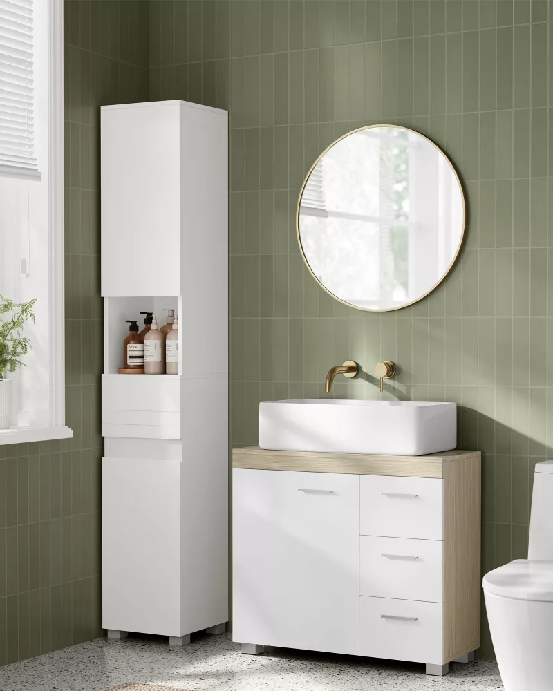 Mueble bajo lavabo 30 x 70 x 64 cm blanco nube y beige natural - Imagen 2