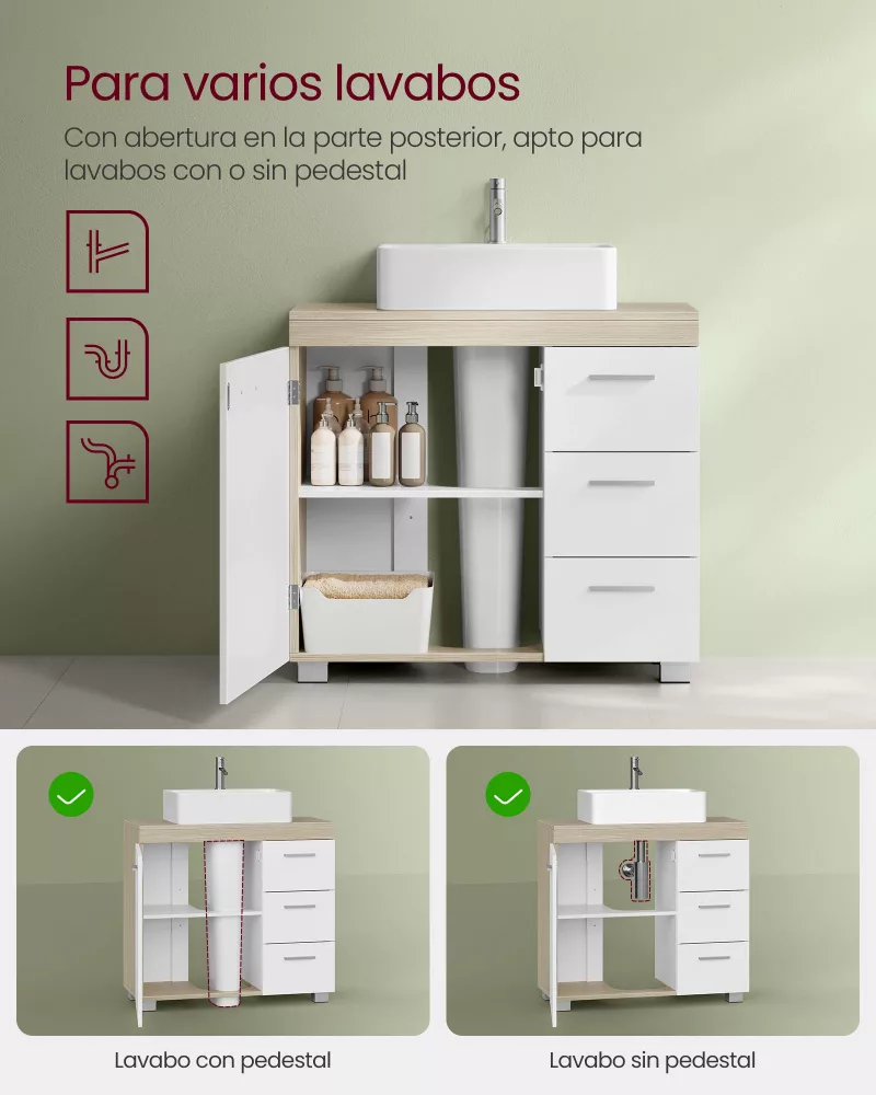 Mueble bajo lavabo 30 x 70 x 64 cm blanco nube y beige natural - Imagen 3