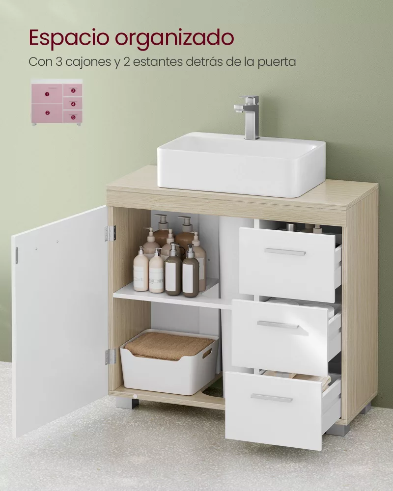Mueble bajo lavabo 30 x 70 x 64 cm blanco nube y beige natural - Imagen 4
