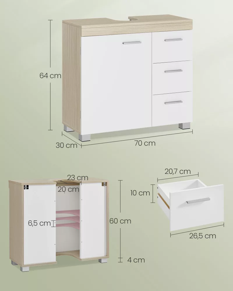 Mueble bajo lavabo 30 x 70 x 64 cm blanco nube y beige natural - Imagen 6