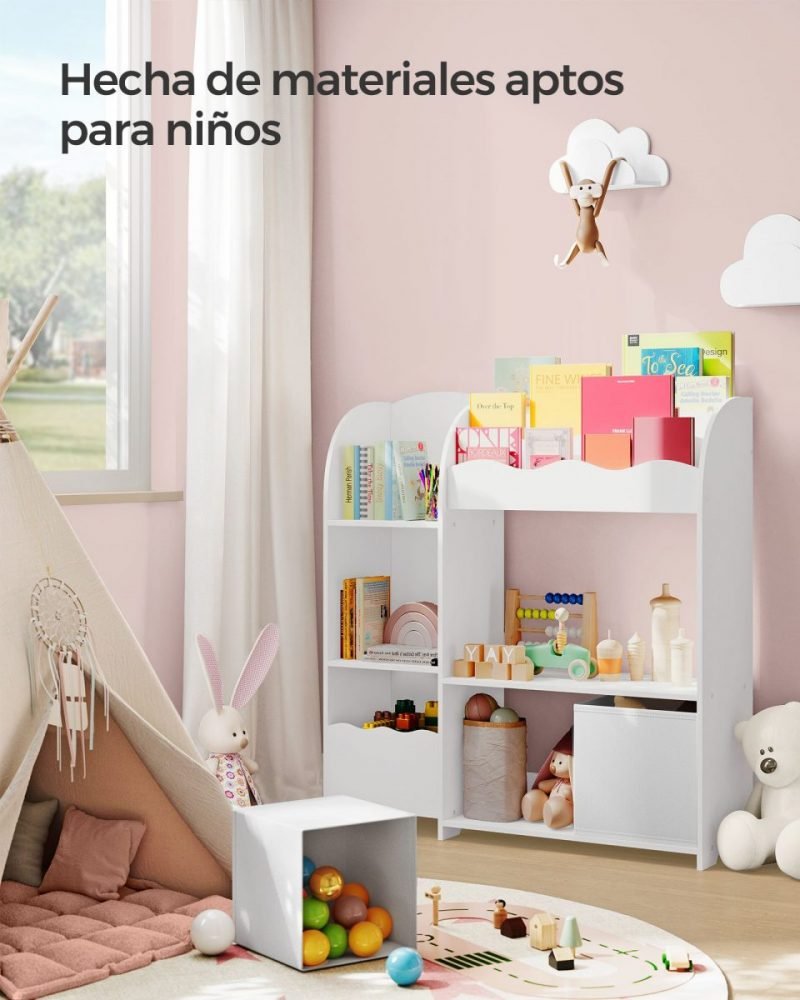 Estantería infantil multifuncional, organiza juguetes y libros, blanco - Imagen 4