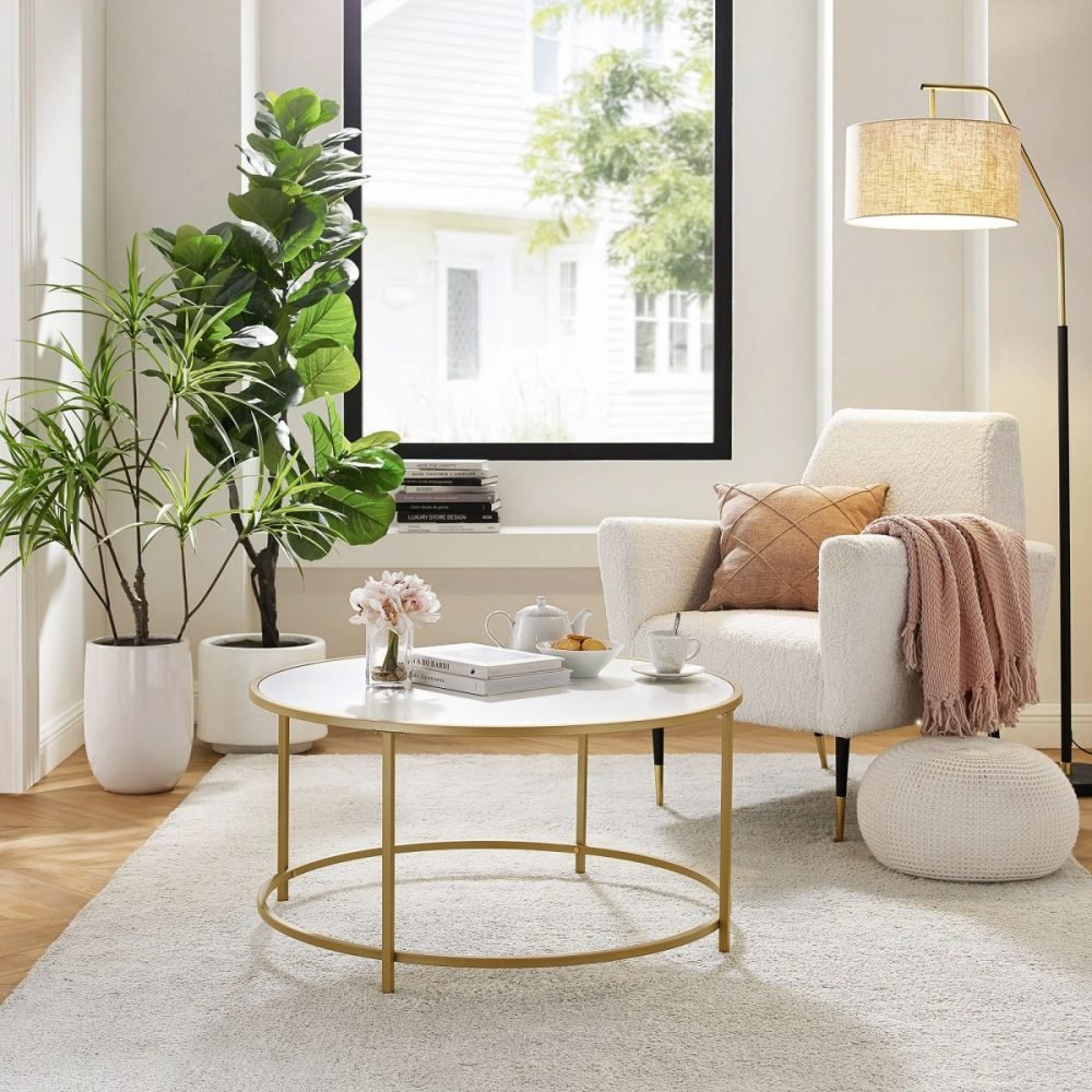 Mesa de centro redonda con tapa blanca y estructura dorada, 84 cm - Imagen 3