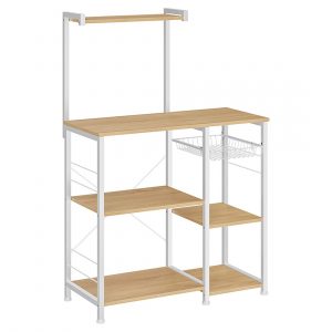 Estantería cocina con soporte microondas, ganchos, beige roble y blanco