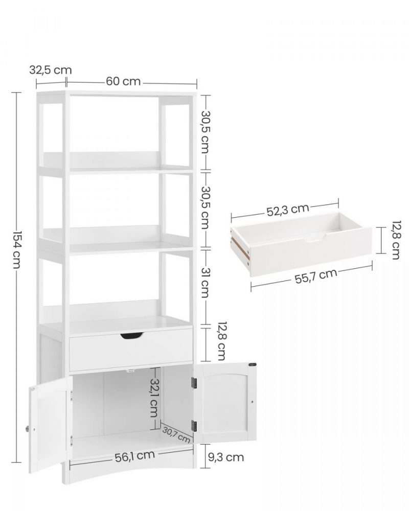 Armario de baño alto blanco con 3 estantes, 1 cajón y 1 armario - Imagen 2