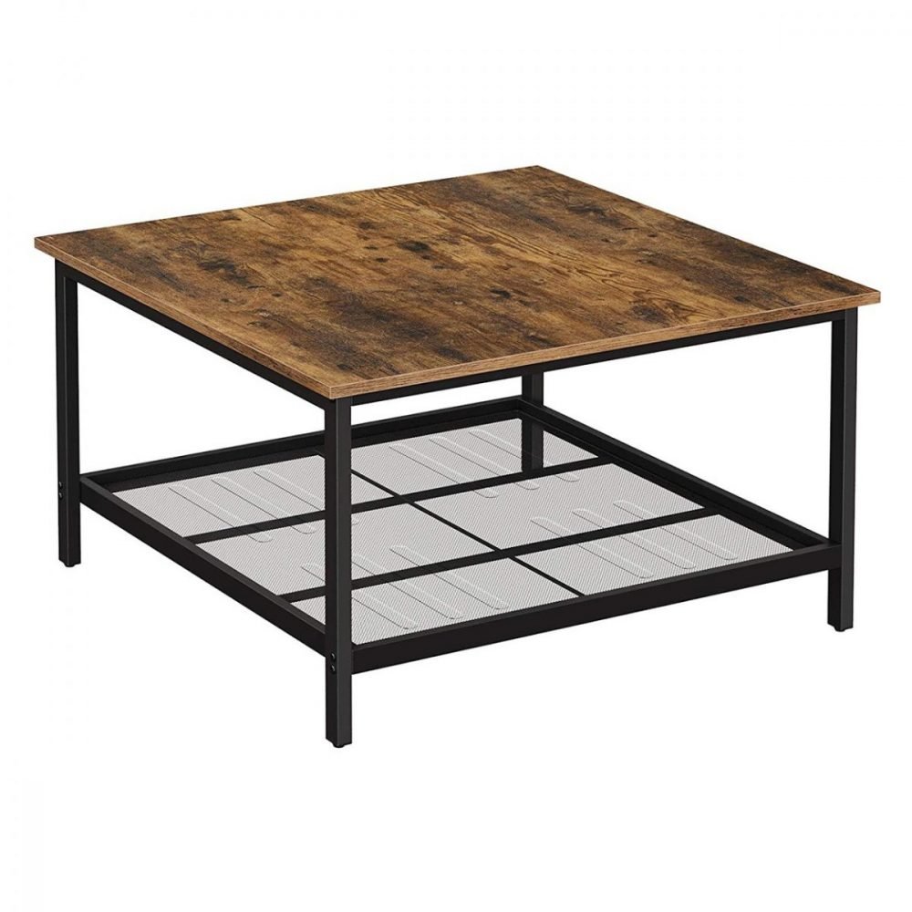 Mesa de centro industrial cuadrada con estante de malla, 80x80 cm