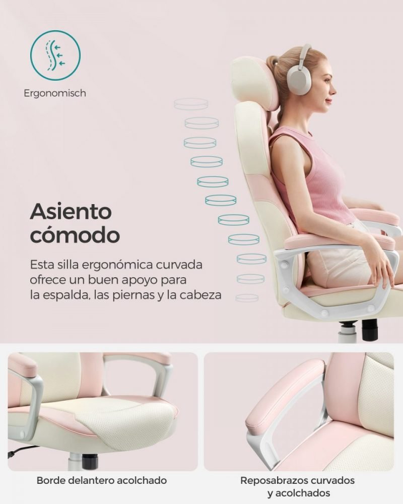 Silla gaming ajustable, respaldo reclinable, rosa jalea y beige - Imagen 5