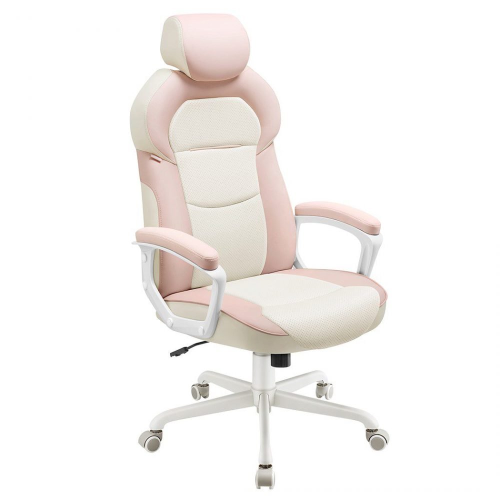 Silla gaming ajustable, respaldo reclinable, rosa jalea y beige