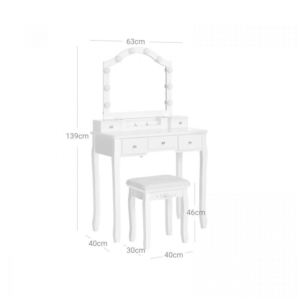 Tocador con luz led, taburete acolchado, 10 luces, 5 cajones - Imagen 2
