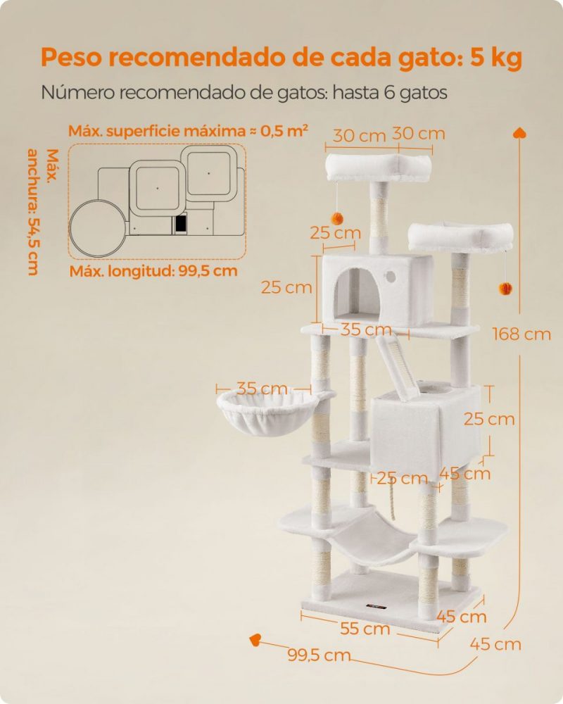 Rascador gatos multinivel 168 cm, torre, plataformas, blanco - Imagen 6