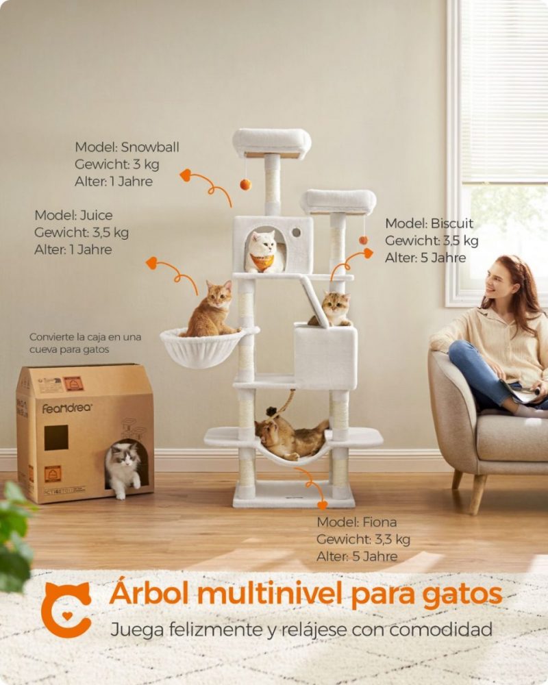 Rascador gatos multinivel 168 cm, torre, plataformas, blanco - Imagen 2