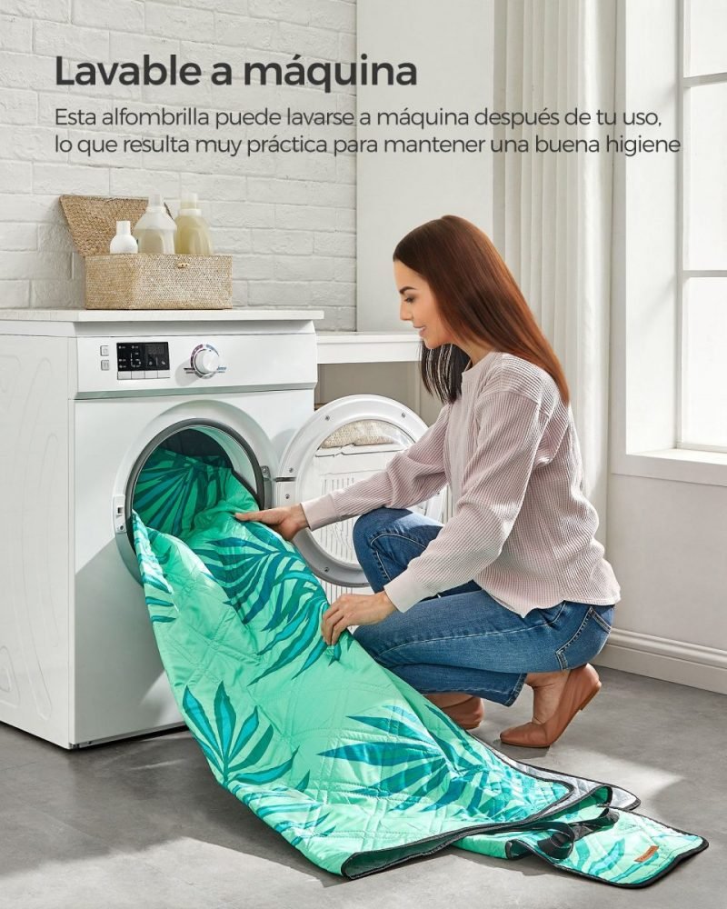 Manta picnic impermeable 200x200 cm, lavable, diseño helechos y verde - Imagen 4