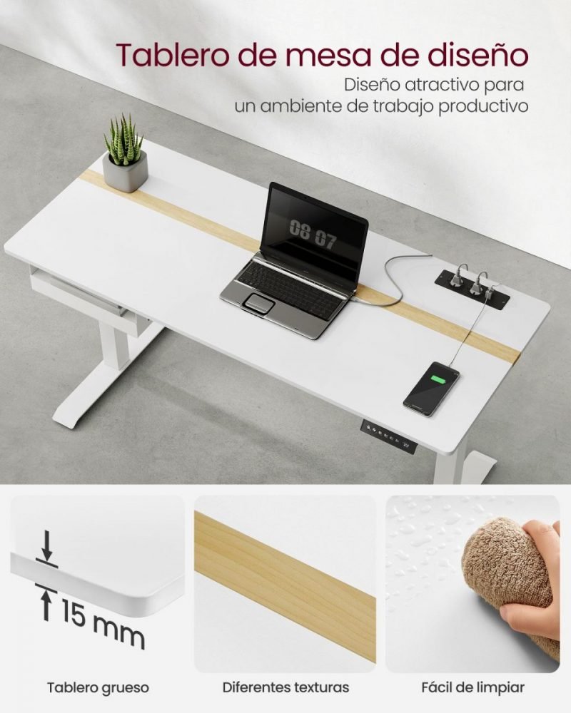 Escritorio eléctrico ajustable, 60x140 cm, blanco - Imagen 3