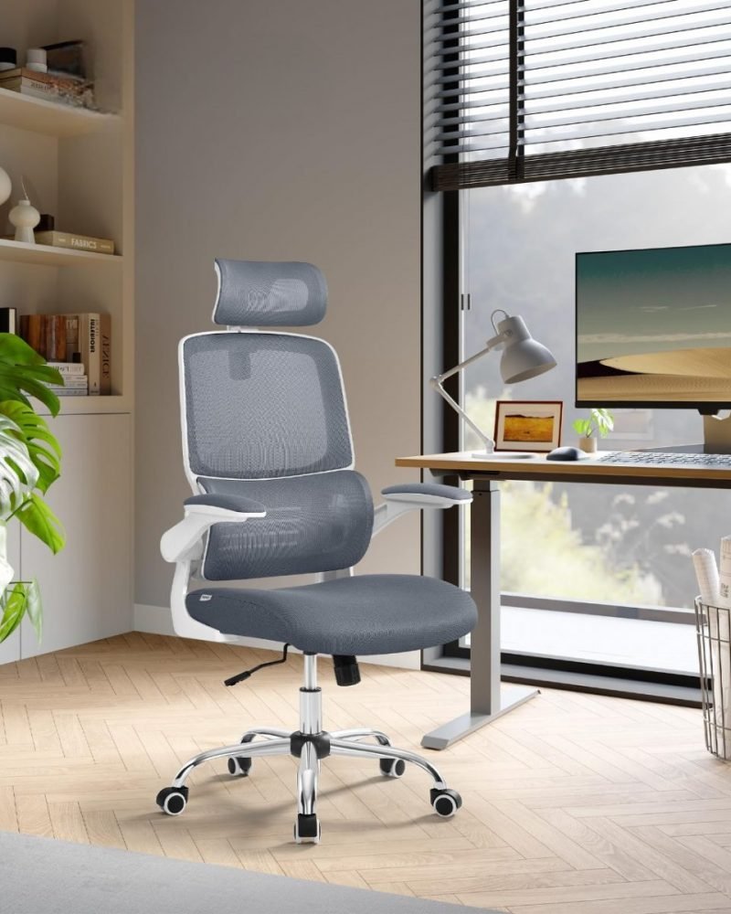 Silla ergonómica de oficina, malla, reposacabezas ajustable, gris paloma - Imagen 2