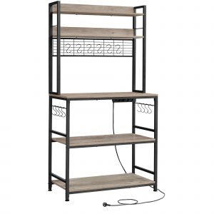 Estantería metálica entrada, toma de corriente, soporte para microondas, greige y negro