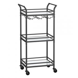 Carrito de 3 niveles para cocina, estantes de vidrio espejo, negro