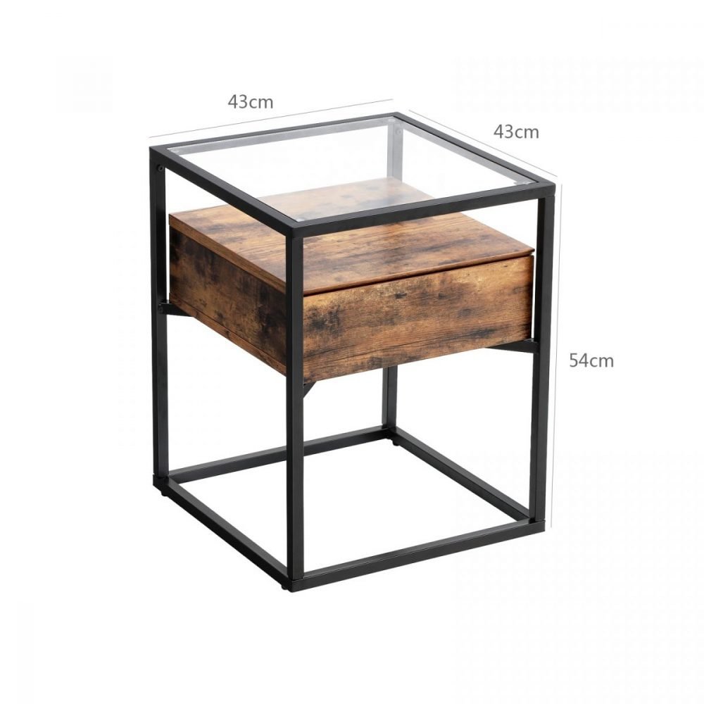 Mesa auxiliar con cristal templado, cajón y repisa, rústica - Imagen 2