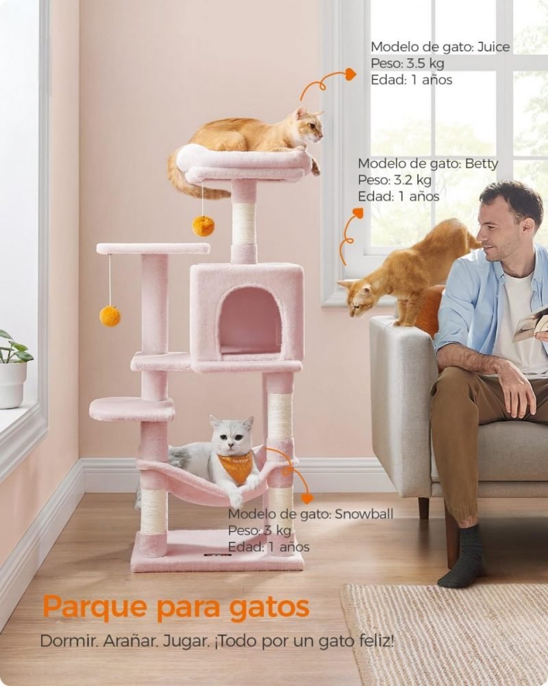 Árbol para gatos multinivel de 112 cm, postes rascadores, rosa caramelo - Imagen 2