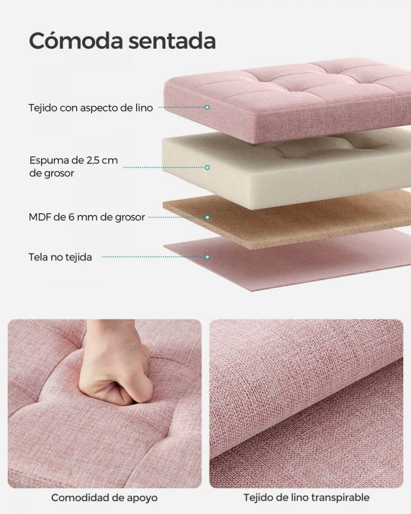 Taburete almacenaje con tapa, lino, rosa - Imagen 5
