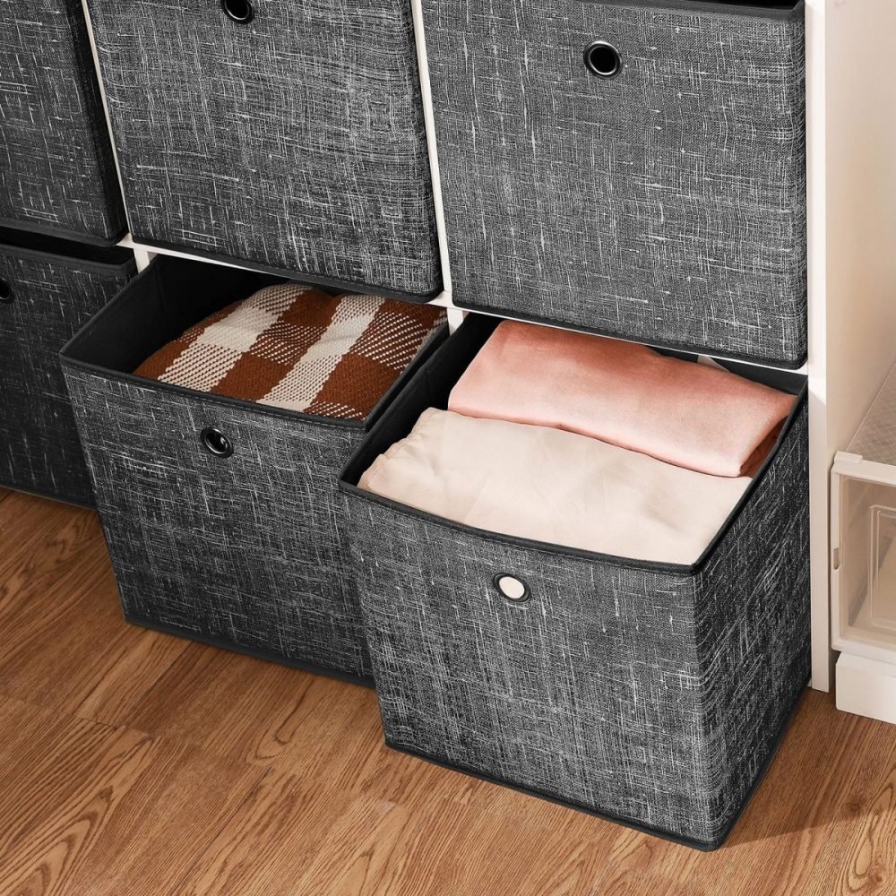 Set de 6 cajas de almacenaje plegables de tela, cubos 30x30x30 cm, negro jaspeado - Imagen 6