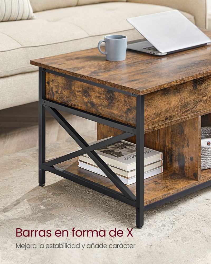 Mesa centro con tablero elevable, almacenamiento, marrón rústico - Imagen 6