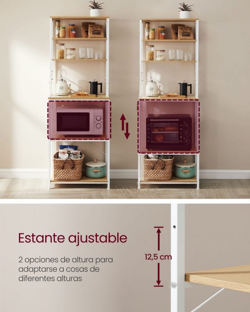 Estantería de cocina alta con espacio para microondas, roble y blanco - Imagen 7