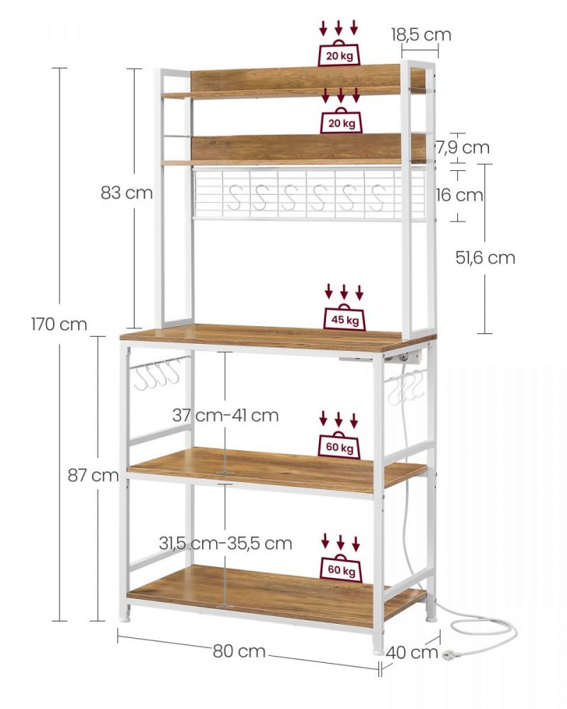 Estantería metálica entrada, toma de corriente, soporte para microondas, nogal y blanco - Imagen 8