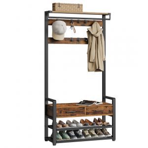 Perchero de entrada con banco zapatero, 10 ganchos, marrón rústico