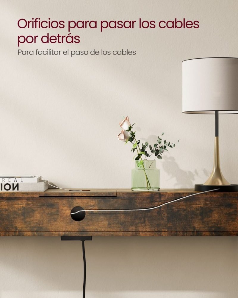 Mesa de consola delgada con multienchufe integrado, marrón rústico - Imagen 3