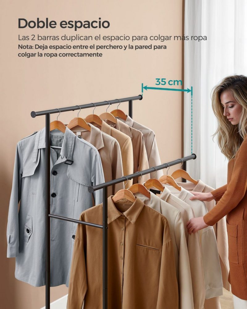 Perchero doble barra ajustable, ruedas, estante robusto, 100 kg, marrón rústico y negro tinta - Imagen 3