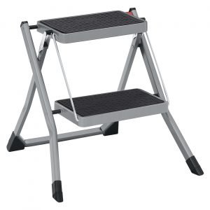Escalera plegable 2 peldaños, goma antideslizante, carga 150 kg, gris y negro