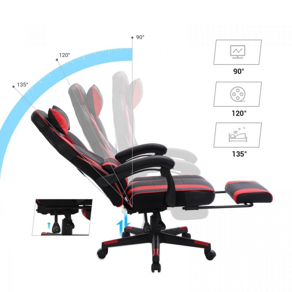 Silla oficina gaming ergonómica, reposapiés telescópico, 150 kg, rojo - Imagen 3