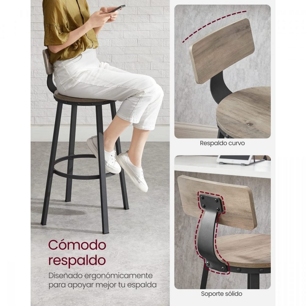 Juego de 2 taburetes altos de cocina, estilo industrial, greige - Imagen 5