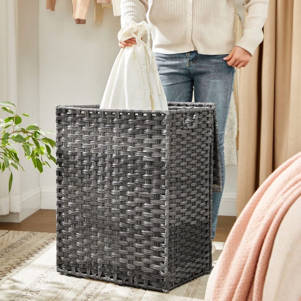 Cesto de ropa sucia tejido a mano 90l, ratán sintético, gris - Imagen 6
