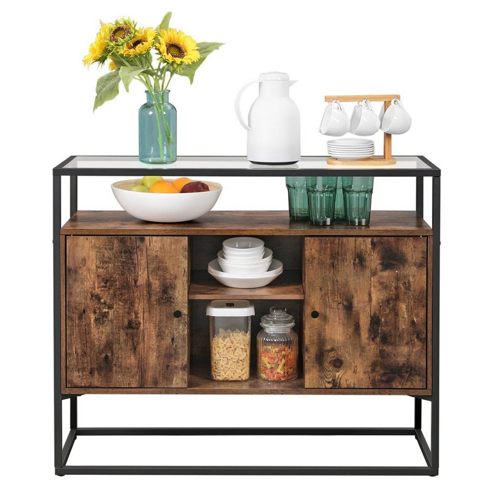 Mesa consola con cristal y compartimentos, marrón rústico