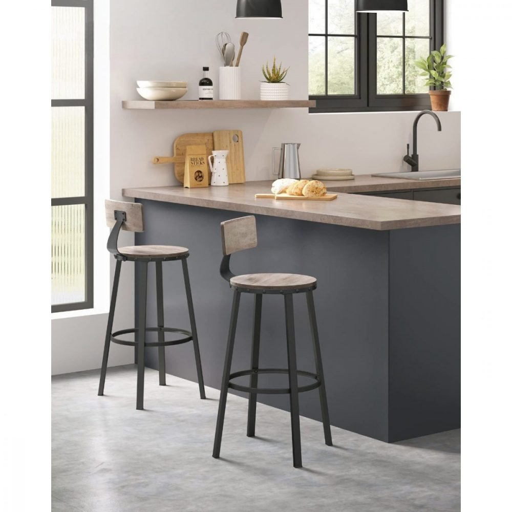 Juego de 2 taburetes altos de cocina, estilo industrial, greige - Imagen 2