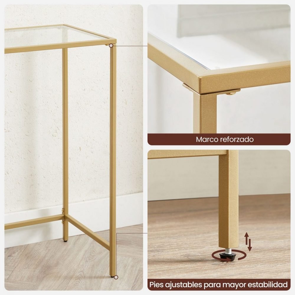 Mesa consola dorada con vidrio templado, patas ajustables - Imagen 8