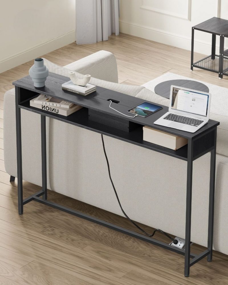 Mesa de consola delgada con multienchufe integrado, gris ahumado - Imagen 8