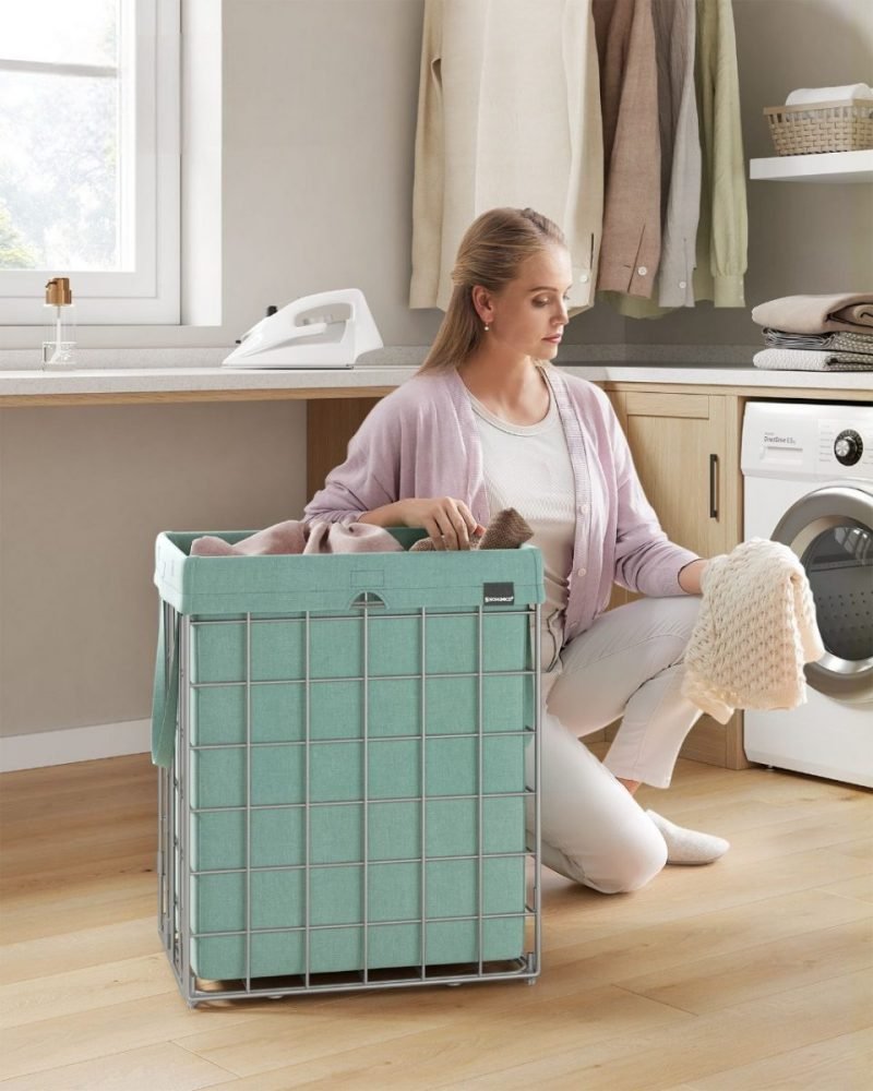 Cesto ropa sucia plegable 90l, bolsa extraíble, lavable, plata y verde menta - Imagen 2
