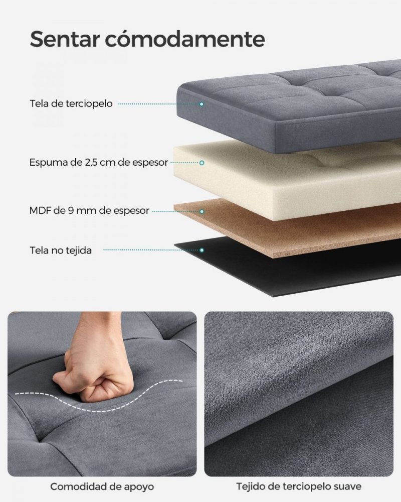 Banco almacenaje terciopelo, taburete reposapiés, gris pizarra - Imagen 5