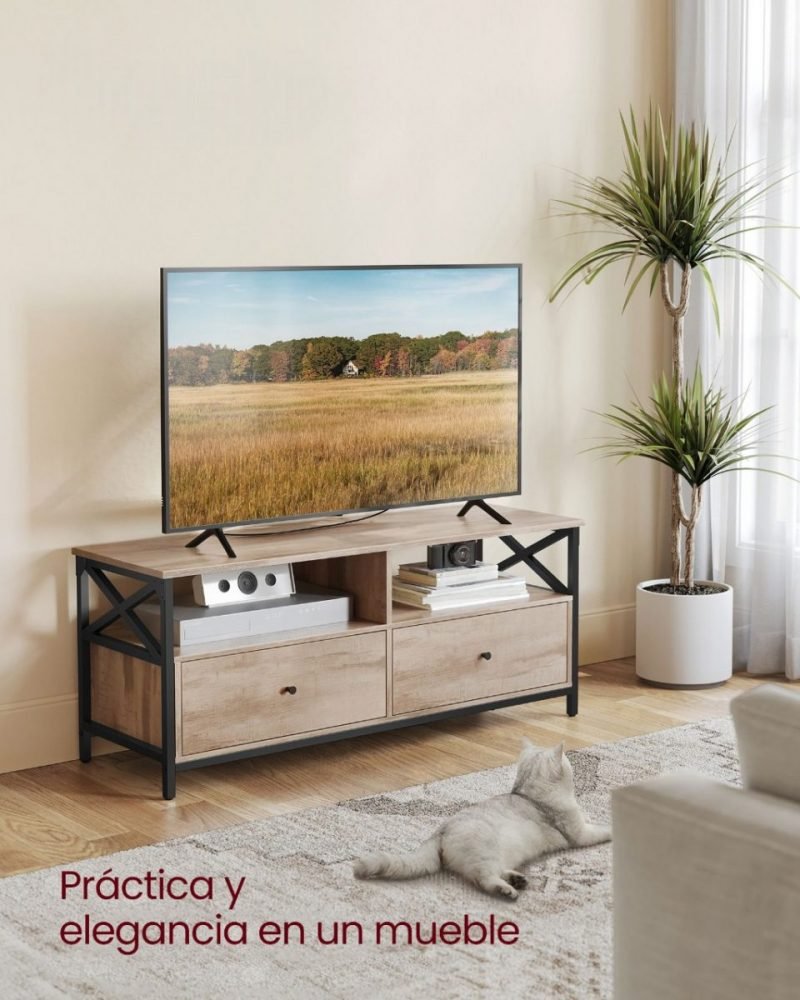 Mueble tv con 2 cajones, estantes abiertos, marrón roble - Imagen 2