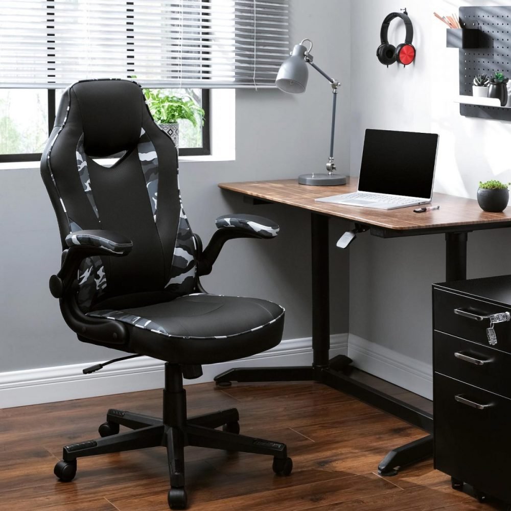 Silla oficina ergonómica giratoria, reposabrazos plegables, camuflaje - Imagen 3
