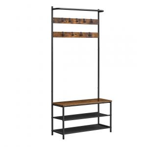 Perchero recibidor industrial con banco zapatero, 32.2x84x180 cm
