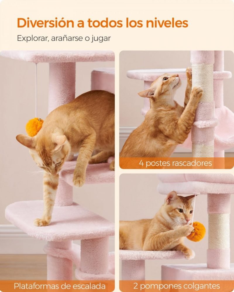 Árbol para gatos multinivel de 112 cm, postes rascadores, rosa caramelo - Imagen 5