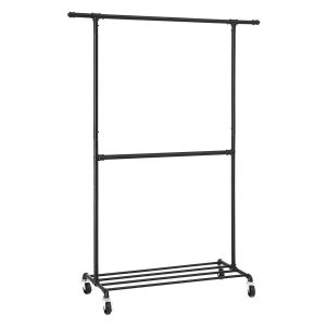 Perchero con ruedas, doble barra y estante para zapatos, negro