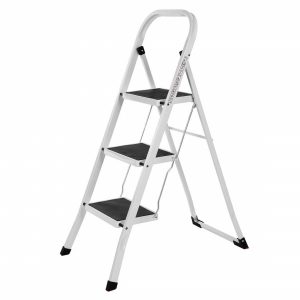 Escalera plegable 3 peldaños, altura trabajo 260 cm, 150 kg, blanco
